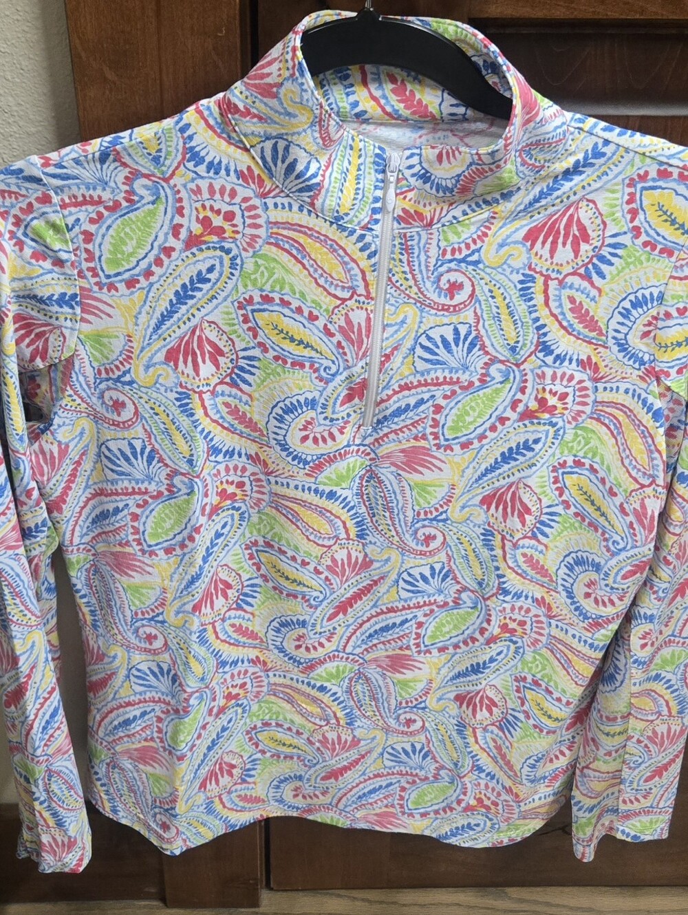 Ibkul long mesh sleeve top. Colorful paisley print. Watermelon, lime, blue. MED.